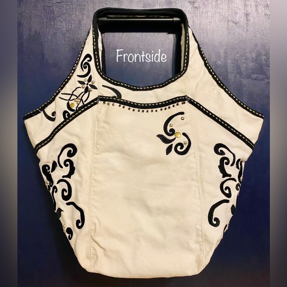 Vintage Lucky 🍀 Brand, Lg. off-white canvas w/Black embroidery, Hobo-Style bag - Picture 1 of 5